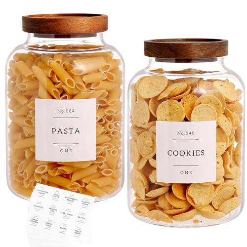 CZHQSMZ Set Of 2 Large Glass Jar with Wooden Lid with 132 Labels, Glass Storage Jars for Flour Pasta Candy Coffee Cookie and More(70 FL OZ/2000 ml) - color: 2000ml