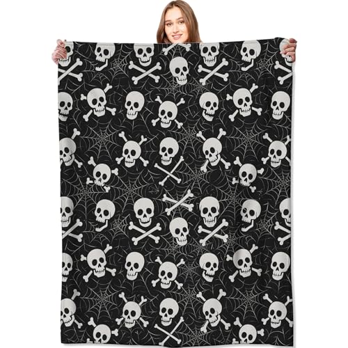 Skull and Crossbones Blanket Halloween Holiday Decor Gothic Spooky Skeleton Black Throw Gifts Lightweight Soft Fleece Spider Web Blankets for Creepy Fall Vibe Horror Goth Decoration 50x60in - color: Skull and Spider Web, size: 50x60in