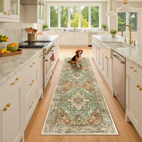 RELEANY Washable Vacuum-Friendly Area Rugs Runner 2'x8' Brick/Brown/Green | Low Pile Stain-Resistant, Soft Non-Slip, Floral Vintage Distress Print Pattern Medallion, for Living Room Bedroom Hallway - color: Brick/Brown/Green, size: 2' x 8' (Rectangular)