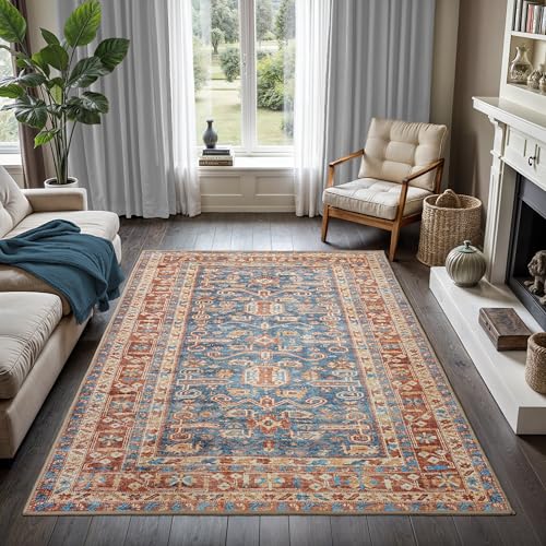 GLN Rugs Bohemian - Jerusalem - Machine Washable Area Rug, Boho Washable, Non Slip, Low Pile Chenille Area Rug, Entryway, Hallway, Kitchen Rug - Easy Clean (3' x 5' Terra/Slate Blue) - color: Terra/Slate Blue, size: 3' x 5' (Rectangular)