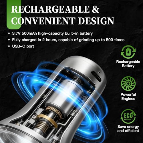 Electric Salt and Pepper Grinder Set - Larger Capacity Pepper Mill | Stainless Steel Automatic Salt and Pepper Shakers - 5 Adjustable Coarseness Rechargeable Pepper Grinder with LED Light