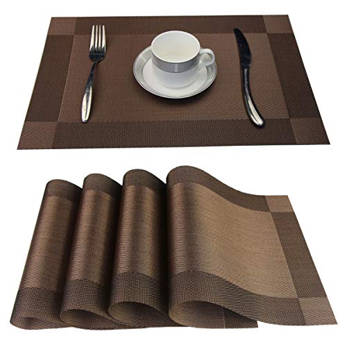 Placemats Washable Easy to Clean Table Mats for Kitchen Table Heat-resistand Woven Vinyl PVC Placemat 12x18 inches Set of 4（Brown） - color: Brown, size: placemats set of 4
