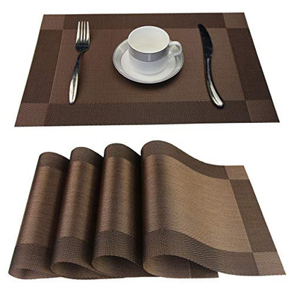 Placemats Washable Easy to Clean Table Mats for Kitchen Table Heat-resistand Woven Vinyl PVC Placemat 12x18 inches Set of 4（Brown） - color: Brown, size: placemats set of 4