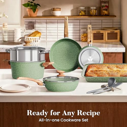 Kitchen Academy 17Pcs Green Induction Cookware Set, Nonstick Pots and Pans | Sage Green Granite Coating, Healthy Non Toxic Kitchen Cooking Pans and Pots Set Non Stick - color: Green, size: 17 PCS Cookware Set