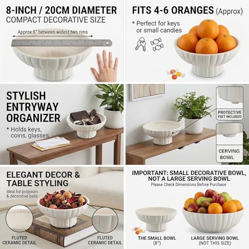 Small Modern Pedestal Decor Fruit Bowl 8" Ceramic,Approx 26 oz Fluted Catch-all Bowl,Footed Home Decorative Bowl for Home Decor,Coffee Table Centerpiece