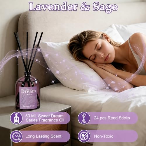 STRN Reed Diffuser Set, Lavender Scent Oil Diffuser Summer Fragrance 200ML | Chamomile, Gardenia, Sage, Sandalwood Long-Lasting Air Freshener for Home, Bedroom, Bathroom - color: Purple