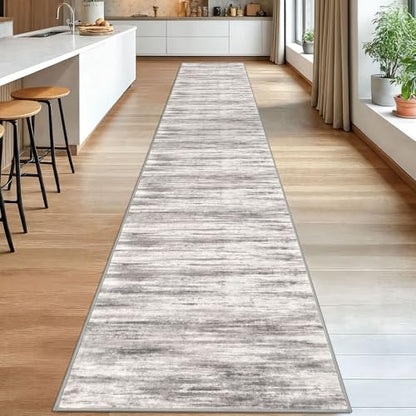 KOZYFLY Modern Abstract Washable Long Runner Rug 2.6x18 Hallway Rug Runner Non-Slip Soft Stair Runner Rugs, Grey/Light Beige/Brown Striped Carpet for Kitchen Entryway Bathroom - color: Grey/Light Beige/Brown, size: 2'8" x 18' (Runner)