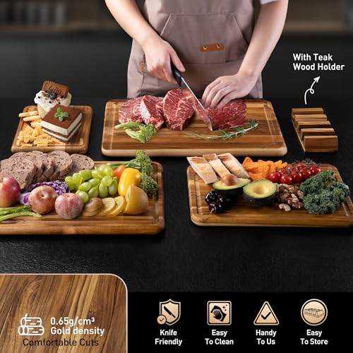 4 Pack Teak Wood Cutting Board Set for Kitchen Heavy Duty Non Toxic Non Slip Solid Thick Wood Haus Chopping Board Extra Large Big Small Meat Best Essential House Warming Hostess Host Gift - style: Set of 4 with Holder