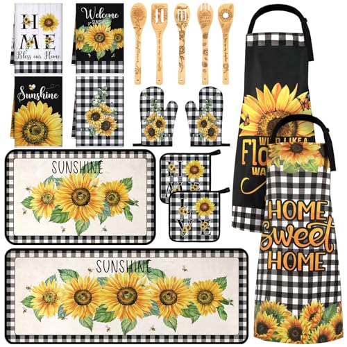 Bencailor 17 Pcs Summer Sunflower Kitchen Decor and Accessories Sunflower Kitchen Rug and Mat Oven Mitts and Pot Holders Apron Dish Towels Cute Wooden Spoons for Home Decor Housewarming Gifts - color: Sunflower