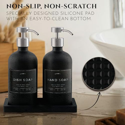 Glass Soap Dispenser Set of 2 (Black) with Silicone Tray | Hand and Dish Soap Dispenser for Kitchen and Bathroom | 16.8 Oz Glass Bottles with Stainless Steel Pump & 15 Waterproof Labels (Black/Silver) - color: Black/Silver