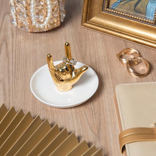 Lynagert I LOVE YOU Hand Ring Holder Dish Ceramic Jewelry Holder Dish Trinket tray for Rings Earrings Necklace Organizer, Engagement Wedding Ring Holder, Christmas Birthday Gifts (Golden) - color: Golden