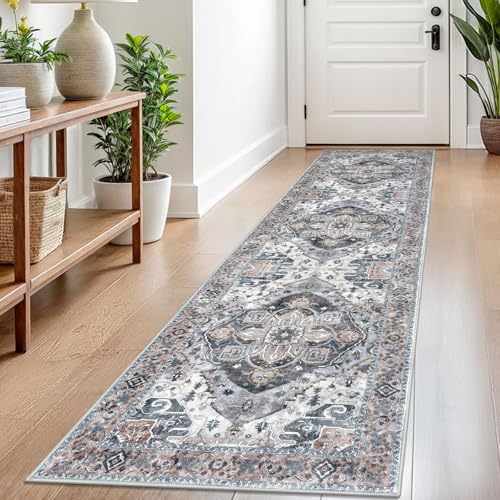 SIILOOM 2x8 Washable Runner Rug, Non Slip Soft Area Rug for Hallway Kitchen | Boho Vintage Spill & Stain Resistant Low Pile Carpet for Entryway Office Laundry Bedroom, Easy Clean - color: Ash Taupe Blue, size: 2' x 8' (Runner)