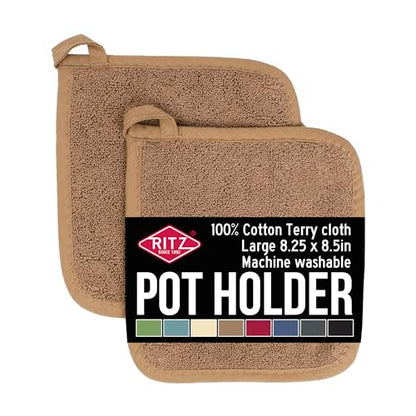 RITZ Terry Potholder & Hot Pad: Unparalleled Heat Resistant, Durable 100% Cotton – Ergonomically Designed for Optimal Grip – Easy-Care Machine Washable – 2-Pack, Mocha - color: Mocha Brown, size: 2-Pack