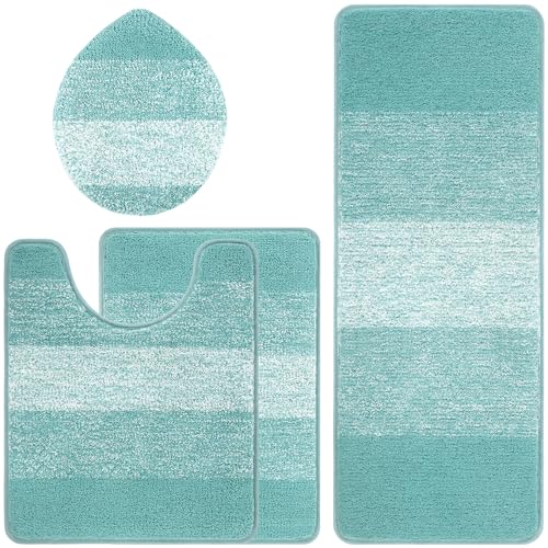 Bsmathom Bathroom Rug Set 4 Piece, Plush Microfiber Bath Mat, Teal | Extra Water Absorbent, Non Slip Washable Runner Bath Rugs with Toilet Lid Cover and U-shaped Contour Toilet Mat - color: Teal, size: 18"x26"+18"x48"+U20"x24"+Cover19"x21"