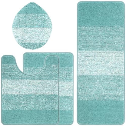 Bsmathom Bathroom Rug Set 4 Piece, Plush Microfiber Bath Mat, Teal | Extra Water Absorbent, Non Slip Washable Runner Bath Rugs with Toilet Lid Cover and U-shaped Contour Toilet Mat - color: Teal, size: 18"x26"+18"x48"+U20"x24"+Cover19"x21"