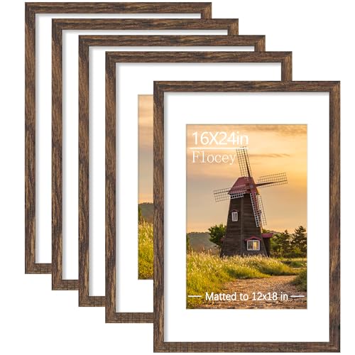 16x24 Picture Frame Set of 5, Rustic Brown Poster Frame, Display Pictures 12 x 18 with Mat or 16x 24 Without Mat for Horizontal or Vertical Wall Mounting, Wall Gallery Frame for Artwork - color: Rustic Brown, size: 16x24-5PACK