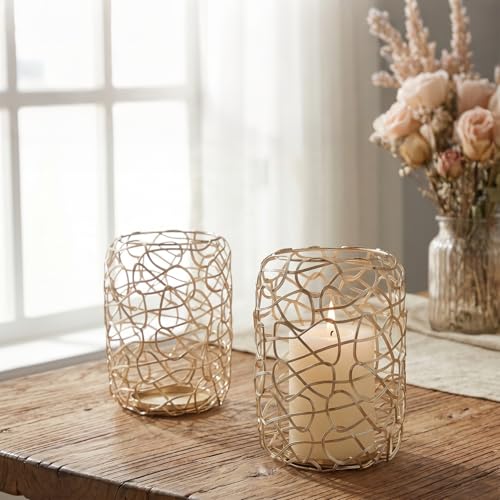Nest Decorative Lanterns for 3'' Pillar Candles, Gold Candle Holders Set of 2, Rustic Candleholder Stand for Fireplace Mantel Decor & Table Centerpieces for Christmas, Thanksgiving
