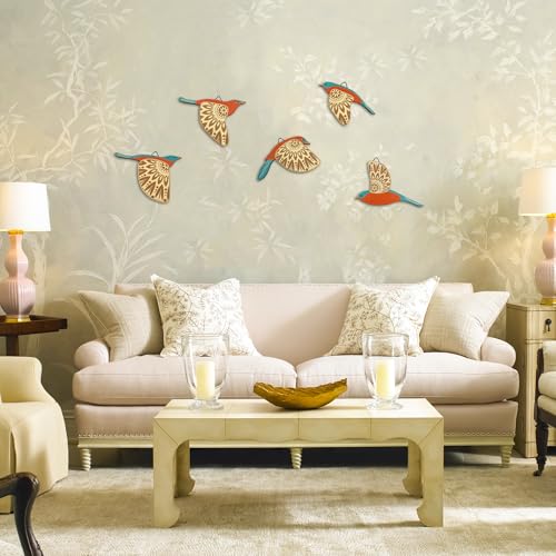 Vumyhuby 5-Piece Teal Wooden Bird Wall Art, Rustic Folk Flying Bird Decor - color: Teal