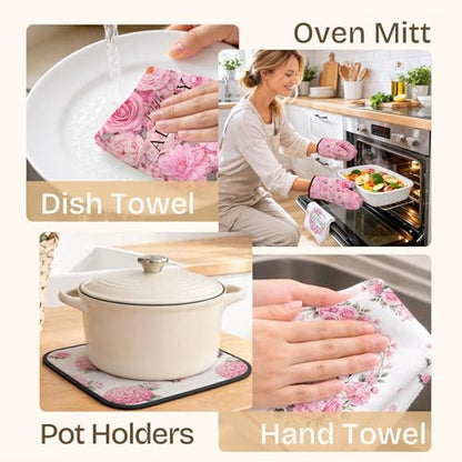 Pink Floral Kitchen Towel and Oven Mitt Set, 6 Piece Rose Floral Farmhouse Kitchen Accessories, Waterproof Heat Resistant Decor for Women