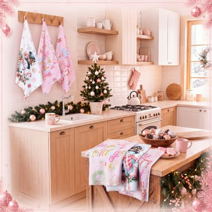 Redbaker 6 Pcs Pink Christmas Kitchen Towels Santa Claus Funny Dishcloth | Xmas Absorbent Farmhouse Decorative Fast Drying Tea Dish Towel with Hanging Loop for Kitchen Bathroom Home Housewarming Gift - style: Pink Christmas
