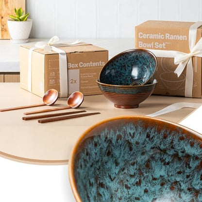 8 Inch Ceramic Ramen Bowl Set of 2, 40oz Japanese Bowls with Spoons & Chopsticks,Durable,Microwave & Dishwasher Safe,Perfect for Ramen,Pho,Salad,Soup,Noodles，Mixing bowls（Verdigris Green） - color: Verdigris Green