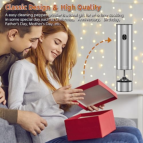 Electric Pepper Grinder & Salt Mill - Battery Operated Stainless Steel Body with Transparent Container LED Light One-Hand Operation Push-Button Switch Adjustable Coarseness Easy Refill & Clean | Side-button switch, stainless steel body, 70ml transparent c