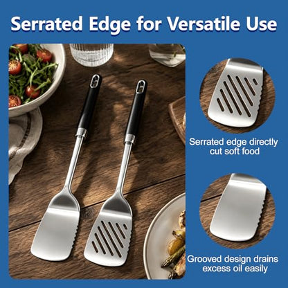 4PCS Stainless Steel Cooking Spatula Spoon Set, Metal Cooking Utensils Set with Anti-Scald Handle, Heat Resistant Kitchen Utensils Set with Turners, Serving Spoon, Ladle, Skimmer, Pasta Server