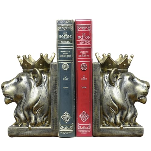 Vintage Gold Lion Book Ends,Animal Decorative Bookends for Shelves | Resin Book Holder,Luxurious Book Ends for Rooms Office Home Decor,Unique Book Lover Gift(Gold Lion) - color: Gold