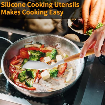 Silicone Cooking Utensils Set, 12Pcs Large Heat Resistant Kitchen Utensils, Turner Tongs, Spatula, Spoon, Wooden Handle Kitchen Gadgets with Holder for Nonstick Cookware, Dishwasher Safe (White) - color: White