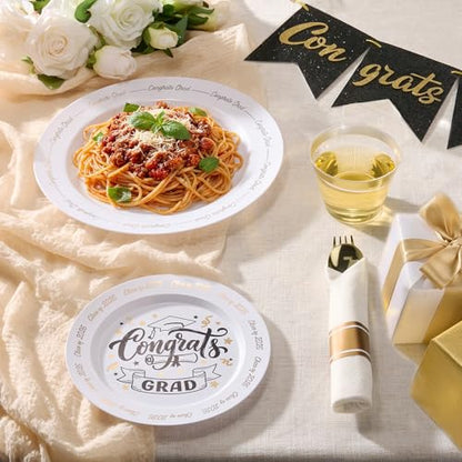 350 Piece Graduation Gold Plastic Dinnerware Set for 50 Guests | Disposable Dinnerware Includes: 50 Dinner Plates, 50 Dessert Plates, 50 Cups, 50 Pre Rolled Napkins with Silverware - color: White, style: 350 Piece (50 guests)