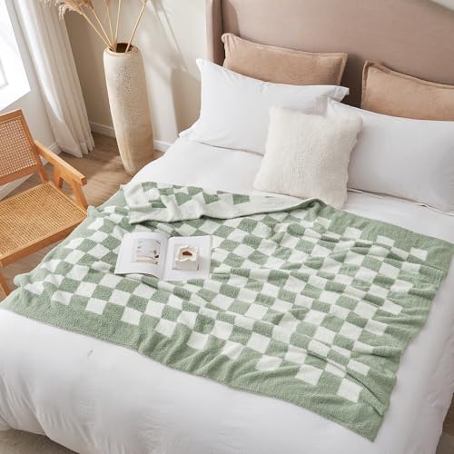 Snuggle Sac Checkered Bedding Blanket Twin Size 60x80, Super Soft Cozy Warm Knit Blankets, Reversible Breathable Lightweight Fluffy Throws for Sofa, Bed, Checkered Sage Green, 60x80 Inches - color: Checkered Sage Green, size: Twin(60"x 80")