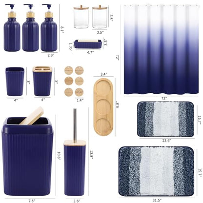 XLHOMO 32PCS Bathroom Sets with Shower Curtain and Rugs Navy Blue Shower Curtain Set 3PCS Soap Dispenser Bathroom Accessories with Bathroom Trash Can - size: Bath Set+Shower Curtain+Bath Rugs, style: Navy Blue