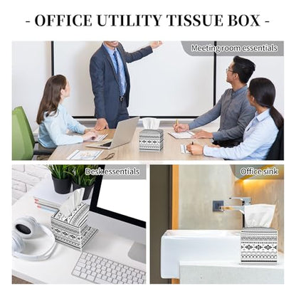 Boho Black White Geometric Tissue Box Cover Square,Abstract Tribal Symbol Tissue Box Holder Waterproof Leather Facial Paper Organizer Dispenser for Bathroom Home Car Nightstand Vanity Desk - color: Color-7
