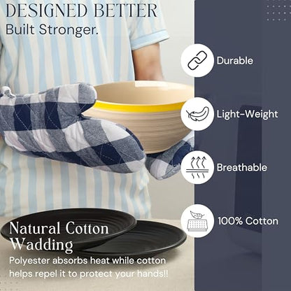 Oven Mitt & Pot Holder Buffalo Plaid Check 100% Cotton Heat Resistant Oven Gloves (7"x13") & Hot Pads (8"x8") Combo for Baking, Cooking - Navy - color: Navy Buffalo Plaid