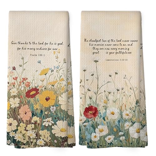 Inspirational Christian Kitchen Towels Set of 2,Baptism Gifts for Women Hand Towel, Give Thanks to The Lord for He is Good Psalm 136:1 Bible Verse Decorative Tea Towel Dish Towels 16x24 Inch - color: Color 21
