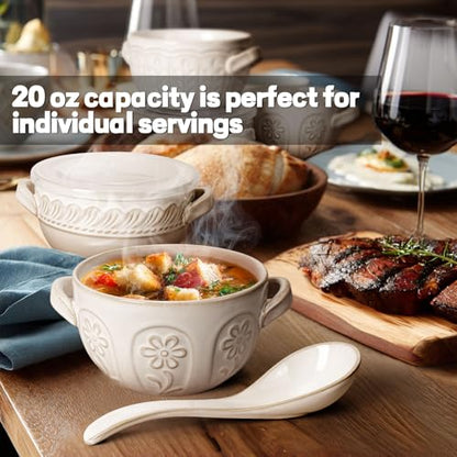 French Onion Soup Bowls with Handles and lids & Spoons, 20 Oz Ceramic Soup Crocks Oven Safe Serving Bowls for Chili, Beef Stew, Cereal, Pot Pies, Embossment, Set of 4, White (Pinwheel Flower) - color: White (Pinwheel Flower)