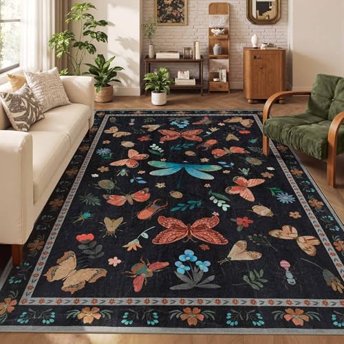 6x9 Black Boho Floral Insect Area Rug for Living Bedroom Dining | Soft,Machine Washable & Non Slip,Low Pile,Ideal for Girls Room, Nursery,Kids Room - color: Black, size: 6' x 9' (Rectangular)