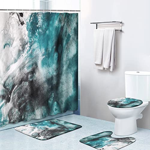 Bathroom Sets with Shower Curtain and Rugs 4 Pcs Teal Black | Watercolor Vintage Colorful Oil Bathroom Decor Set with Toilet Lid Cover, Non-Slip Bath Mats and Accessories 12 Hooks - color: Watercolor Colorful Vintage