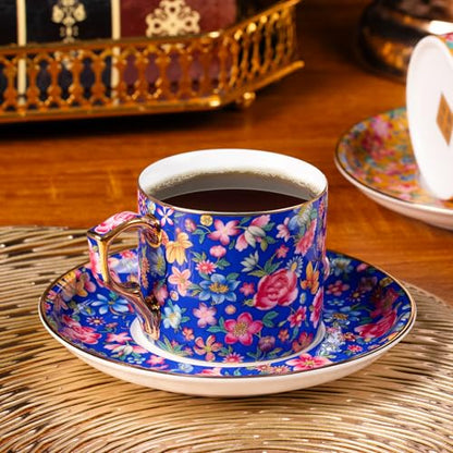 KAMMAK Tea Cup and Saucer, Ceramic Coffee Cups, 6 oz, Set of 2 | Porcelain Tea Cups with Saucers for Coffee and Cappuccino, Ideal for Breakfast, Afternoon Tea and Entertaining,649+650N - style: 649N+650N