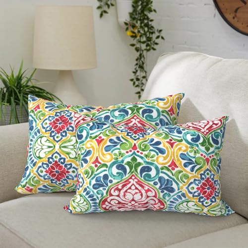 DYTXIII Pack of 2 Waterproof Outdoor Lumbar Pillow with Inserts, 12x20 in Rectangle Decorative Patio Throw Pillow for Home, Sofa,Bench and Patio Furniture, Damask Red - color: Damask Red, size: 12x20 Inch (With Inserts)