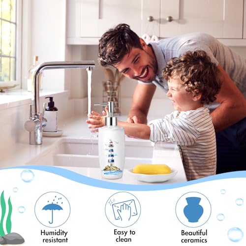Nautical Bathroom Accessories Set of 4, Coastal Lighthouse Compass Anchor Sailboat Tumbler Soap Dispenser Toothbrush Holder Soap Dish for Ocean and Sea Coastal Theme Bathroom Decoration - style: Nautical