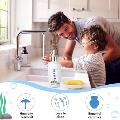 Nautical Bathroom Accessories Set of 4, Coastal Lighthouse Compass Anchor Sailboat Tumbler Soap Dispenser Toothbrush Holder Soap Dish for Ocean and Sea Coastal Theme Bathroom Decoration - style: Nautical