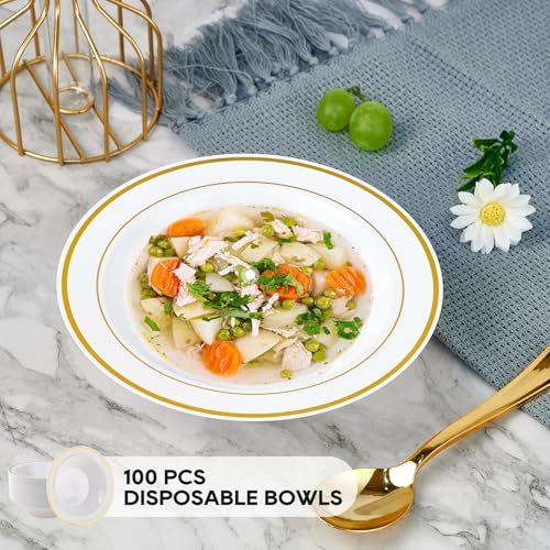 100PCS Plastic Bowls with Gold Rim 12oz Disposable Soup Bowls | Plastic Bowls for Christmas Thanksgiving Premium Dessert Salad Bowls for Wedding/Party/Halloween - color: Gold, style: 100Count