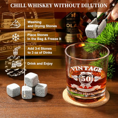 50th Birthday Gifts for Men Whiskey Glass Set, Vintage 1976 Wood Gift Box | Whiskey Stones Coaster, Glass Pipette & Tongs, Aged to Perfection 50 Year Old Bday Gifts Ideas for Him Dad Husband Friends - style: 50th Mens Gifts