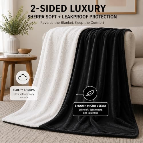 Waterproof Blanket for Bed, 60" x 80" Waterproof Throw Blanket, Leakproof Bed Protector, Absorbent, Spill Proof, Stain Resistant, Reversible Sherpa & Micro Velvet, Machine Washable - color: Black