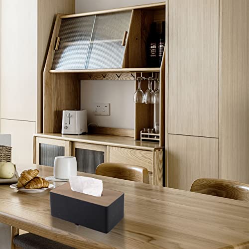 High-end Pu Leather Tissue Box Holder Two Color Combination-Linen and Wood Grain,Rounded Rectangle Napkin Paper Case Dispenser for Home Bathroom Dresser Offices Car Tissue Cover (Black) - color: Black Linen