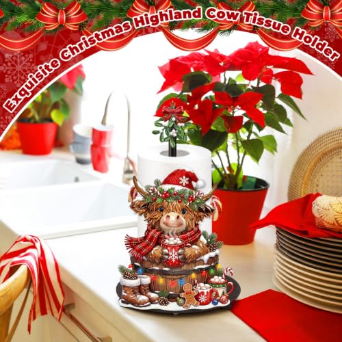 Highland Cow Christmas Paper Towel Holder with Round Base Christmas Bathroom Decor Rustic Highland Cow Dispenser Kitchen Paper Holder Stand for Countertop Toilet Home Accessories - style: Cocoa Christmas