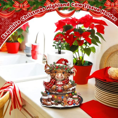 Highland Cow Christmas Paper Towel Holder with Round Base Christmas Bathroom Decor Rustic Highland Cow Dispenser Kitchen Paper Holder Stand for Countertop Toilet Home Accessories - style: Cocoa Christmas