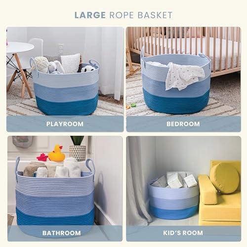 OrganiHaus Round Toy Basket & Blanket Basket, Cotton Rope 20x13" | 3-Toned Blue - Round Cotton Rope Basket, 20x13" - color: 3-toned Blue, size: Wide