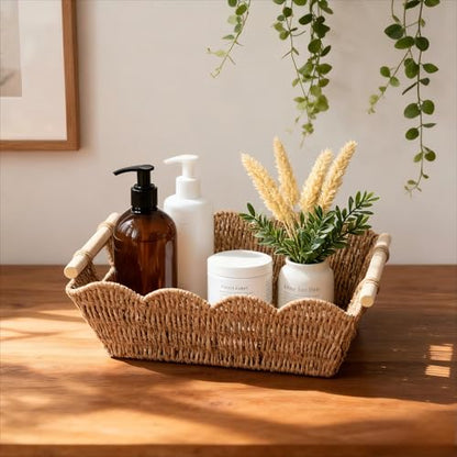 Scalloped Basket with Wooden Handle, Water Hyacinth/Seagrass/Wicker Storage Baskets, Hand Woven Baskets for Shelves,Natural Baskets for Organizing (2)
